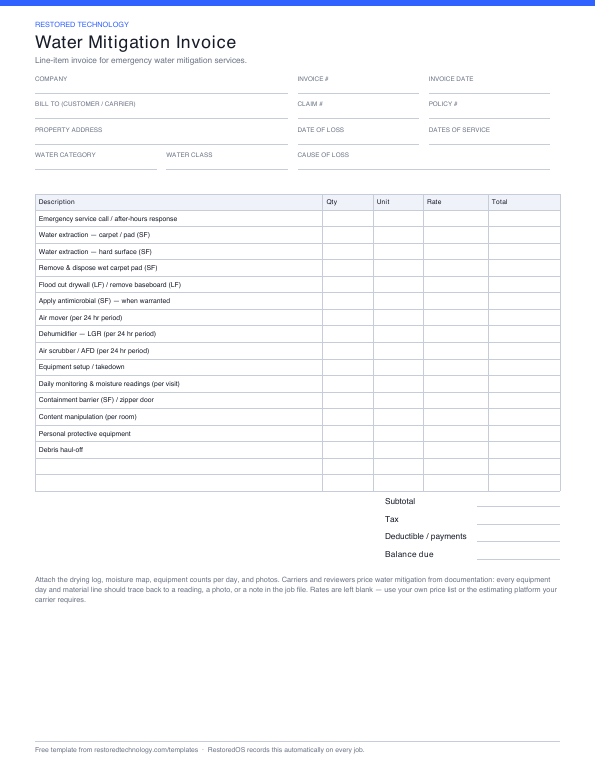 Preview of the Water mitigation invoice template